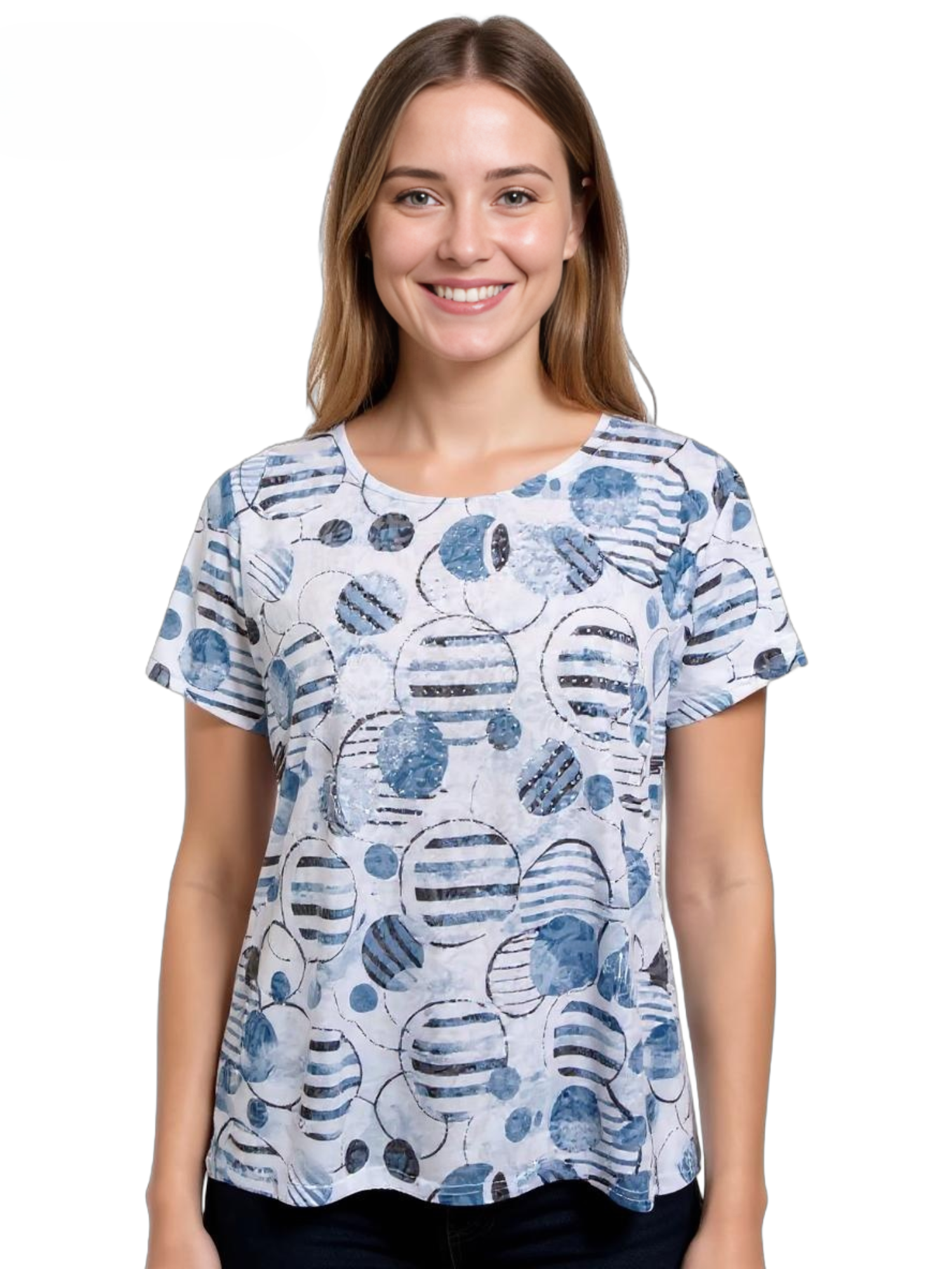 Creation Bubbles Short Sleeve Top by Creations in white and blue with circular stripe pattern, casual short sleeve top.