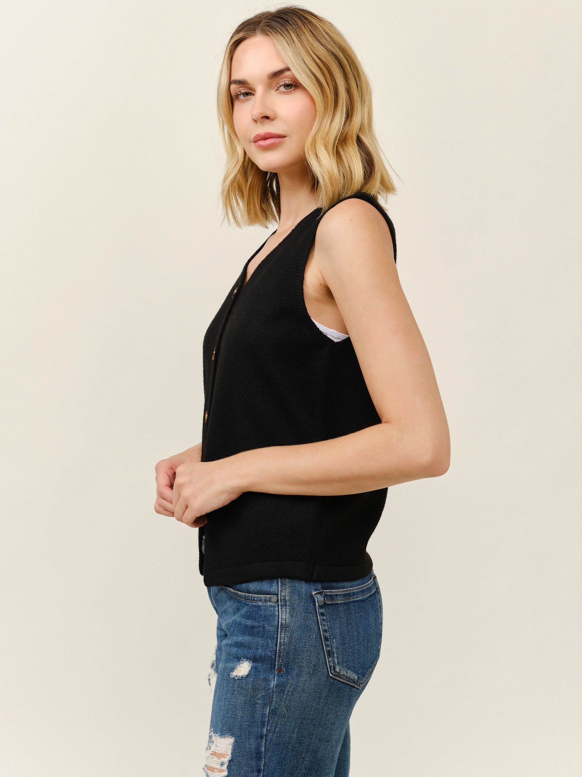Button Front Fitted V-Neck Vest