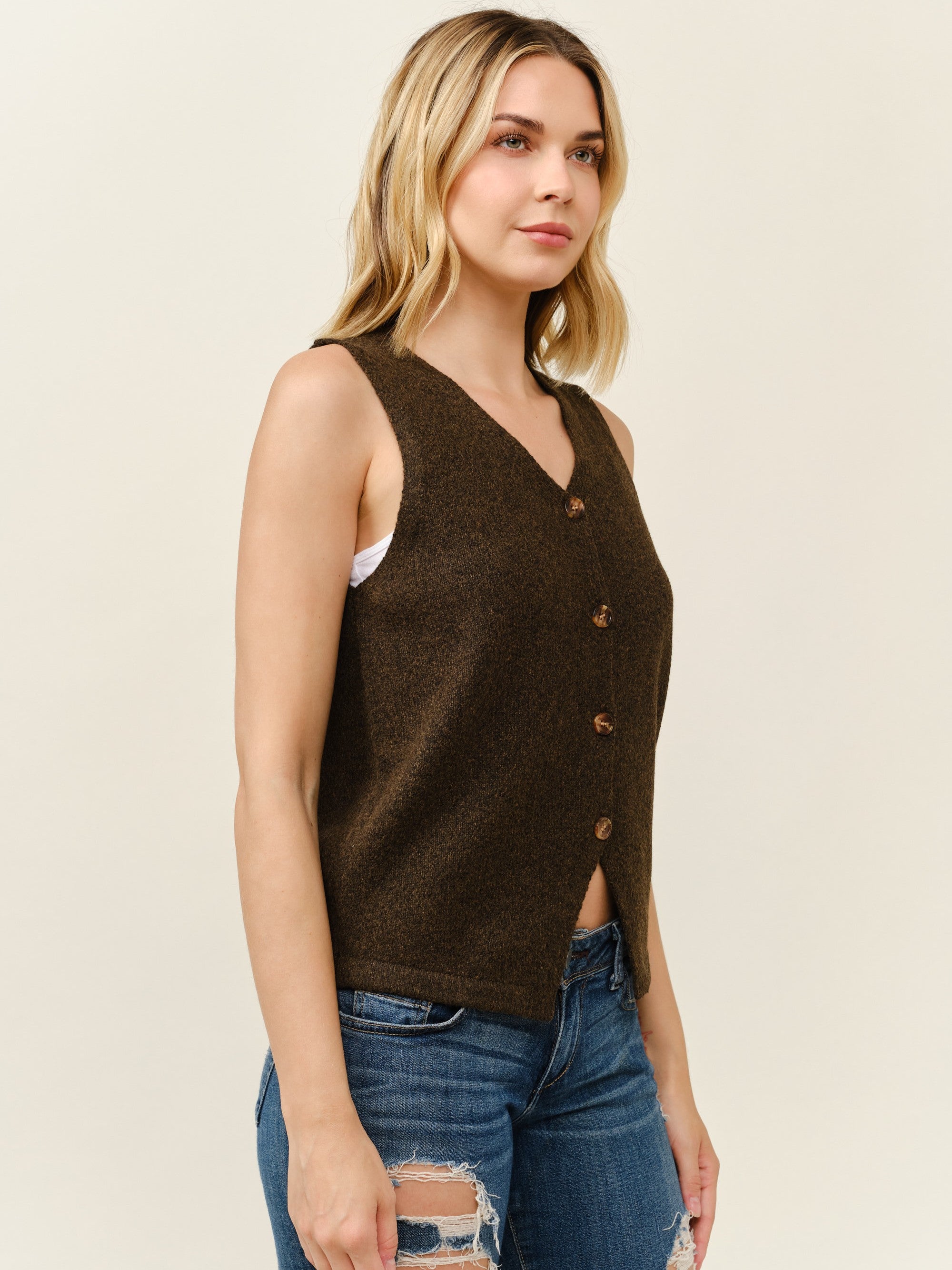 Button Front Fitted V-Neck Vest