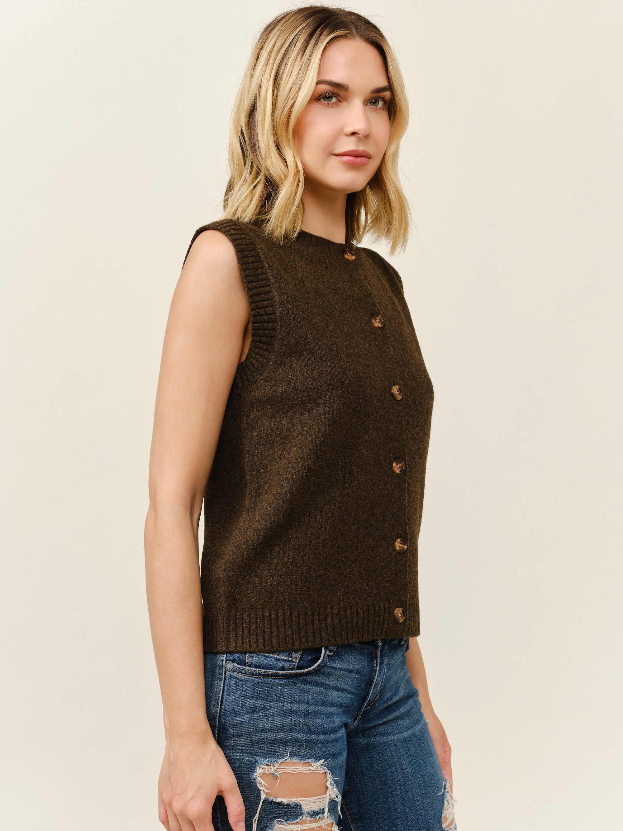 Button Front Boxy Crew Vest