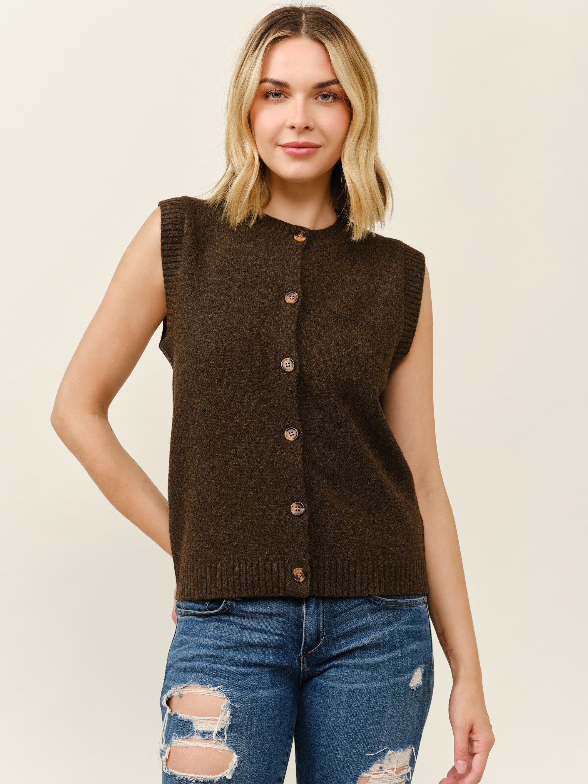 Button Front Boxy Crew Vest