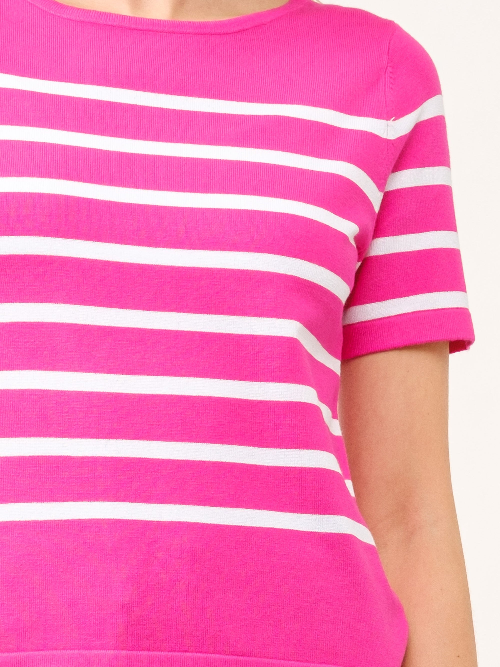 Bright pink and white striped short sleeve top, Cielo Striped Short Sleeve Crew Neck Sweater by Cielo 1985 Inc.