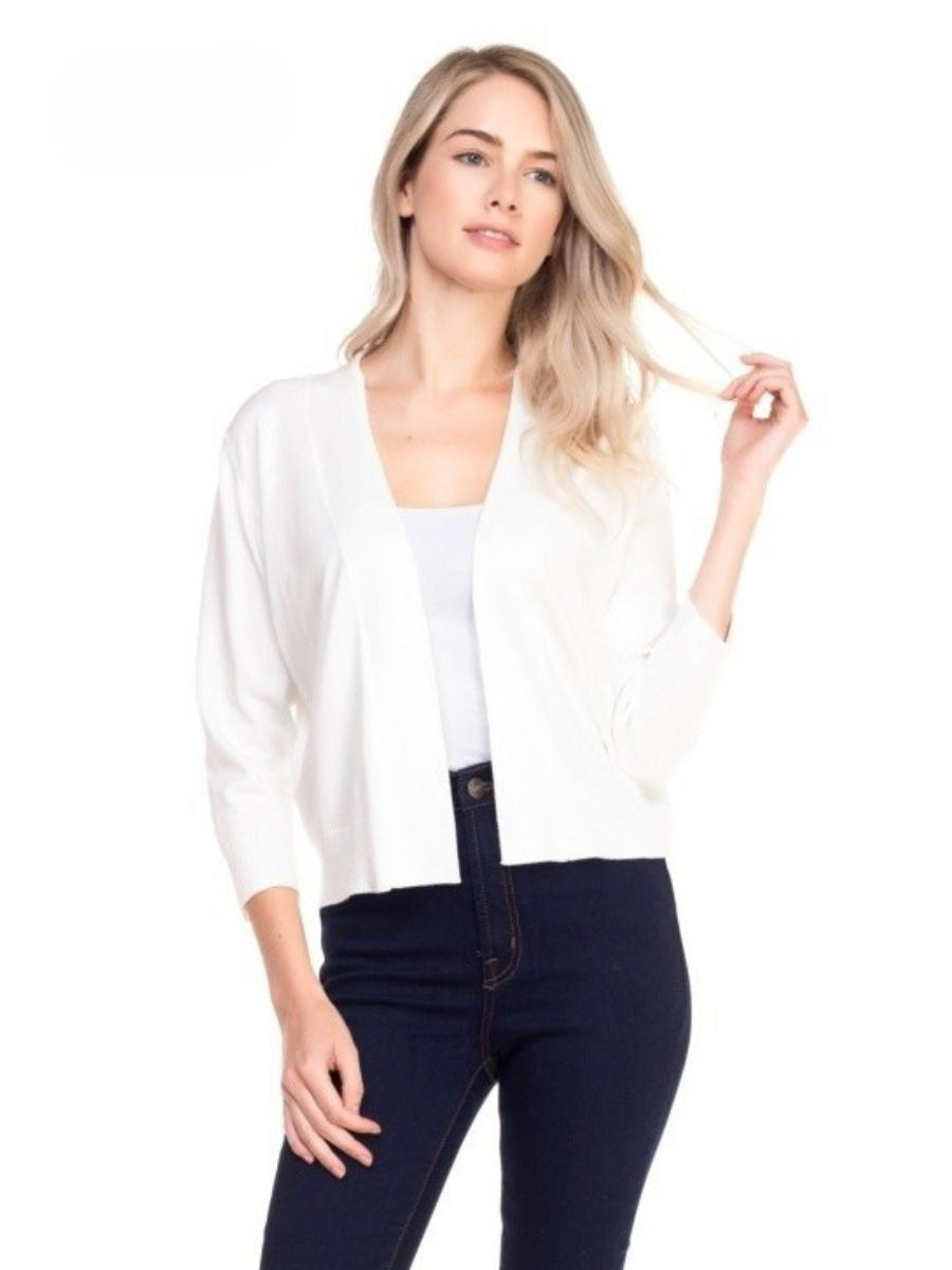 Cielo Bolero Open Cardigan in white by Cielo 1985 Inc., a lightweight sweater perfect for layering in outerwear.
