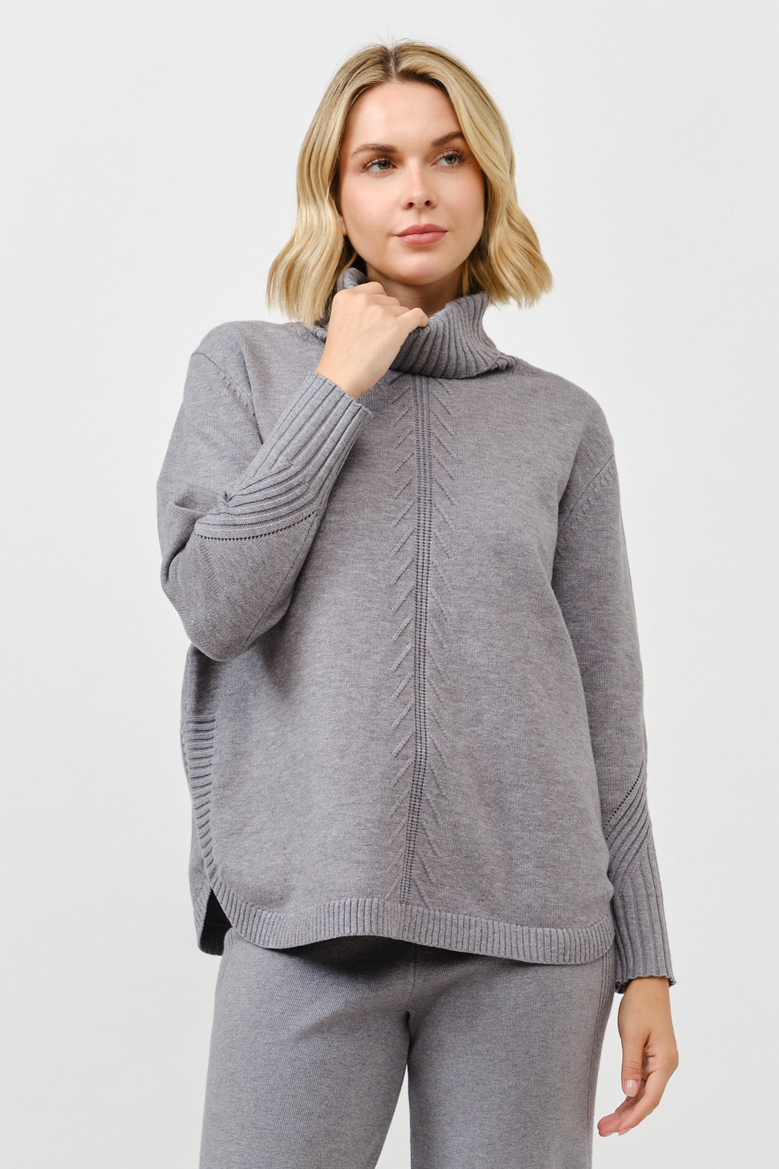 Cielo Relaxed Fit Long Turtleneck Sweater in heather grey by Cielo 1985 Inc., soft knit sweater for cozy warmth