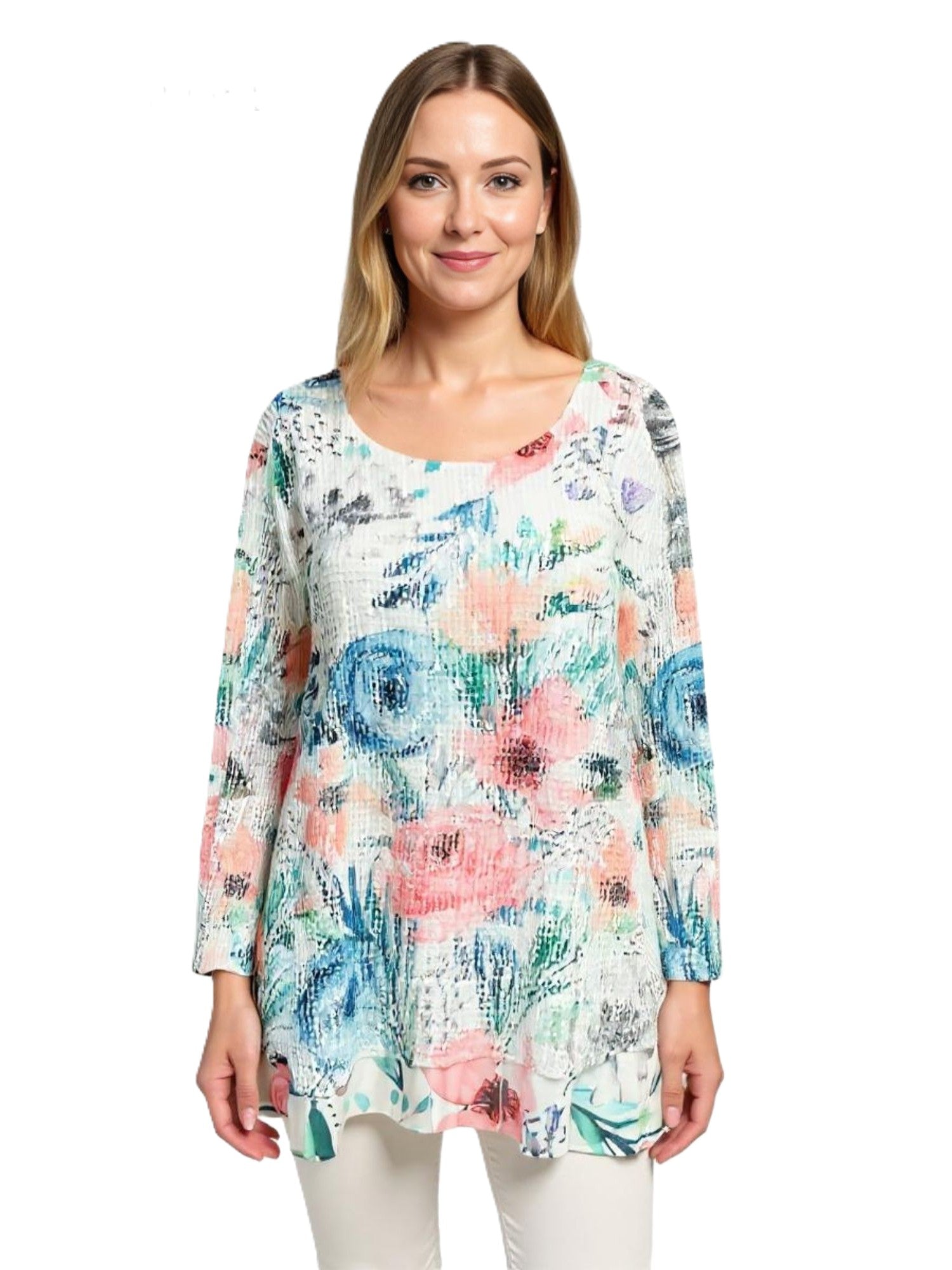 Creations Tea Party Floral Overlay Top with pastel floral design and textured white fabric, a stylish lightweight top.