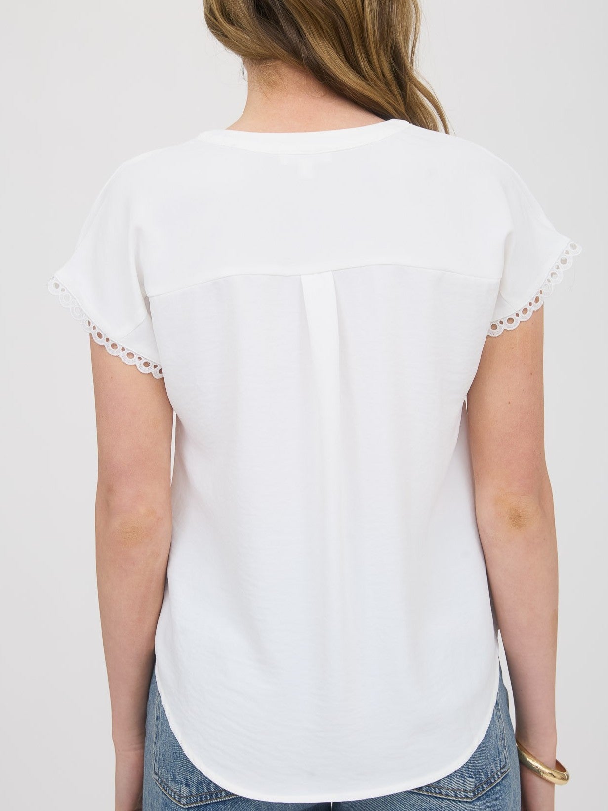 Scallop Trim Henley Short Sleeve Top in white by Mine, featuring delicate scalloped sleeve details and soft fabric.