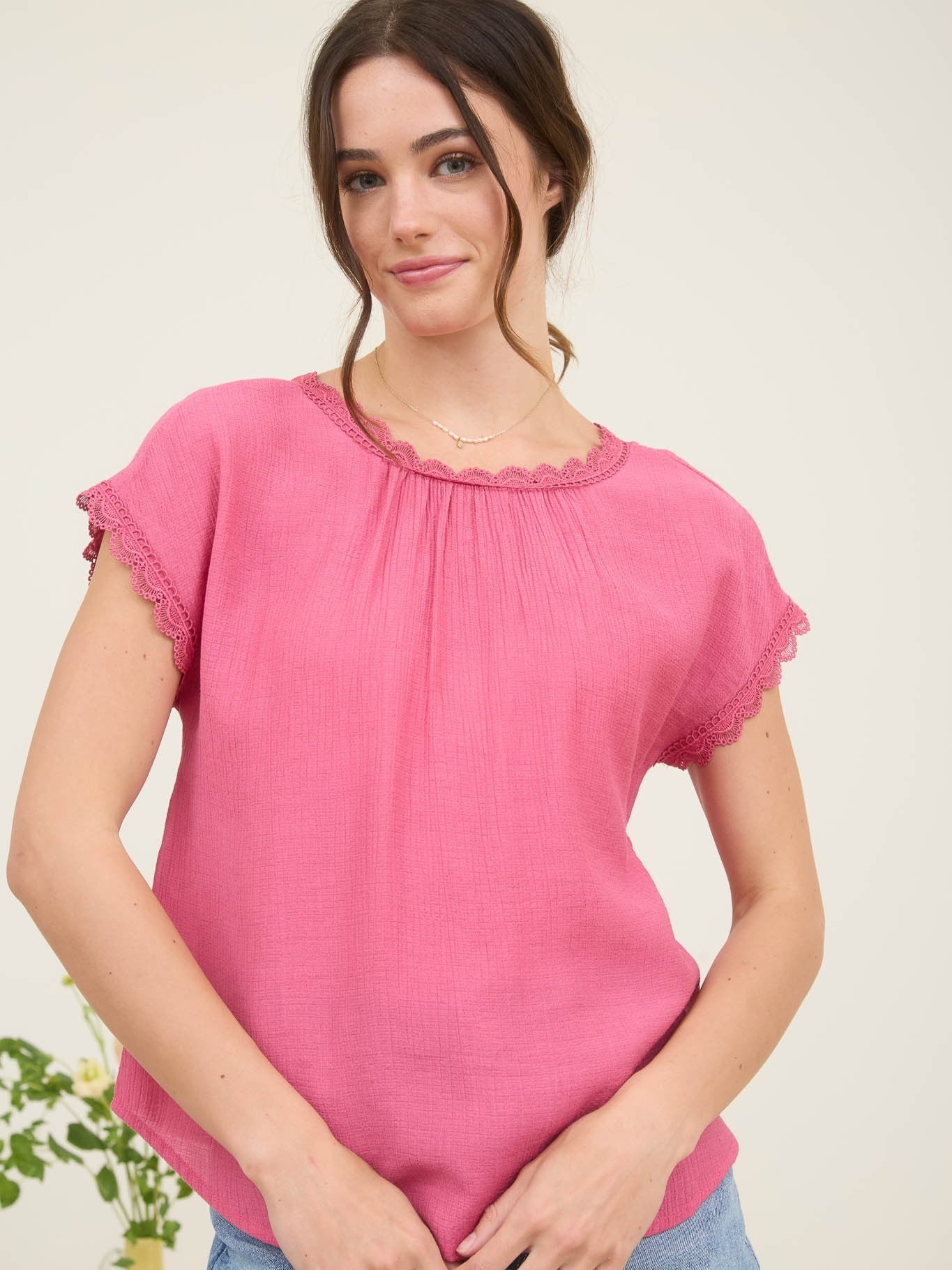 Bright fuchsia Lace Back Bow Short Sleeve Top with delicate lace trim, styled by Mine, perfect summer casual wear.