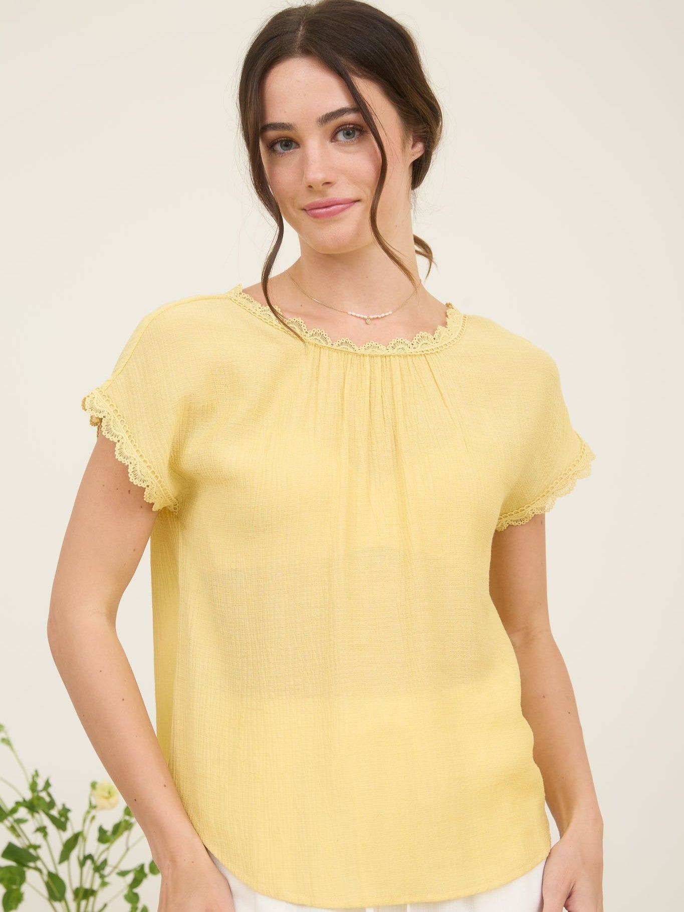 Yellow Lace Back Bow Short Sleeve Top by Mine with delicate lace trim and soft fabric, perfect casual tops accessory.