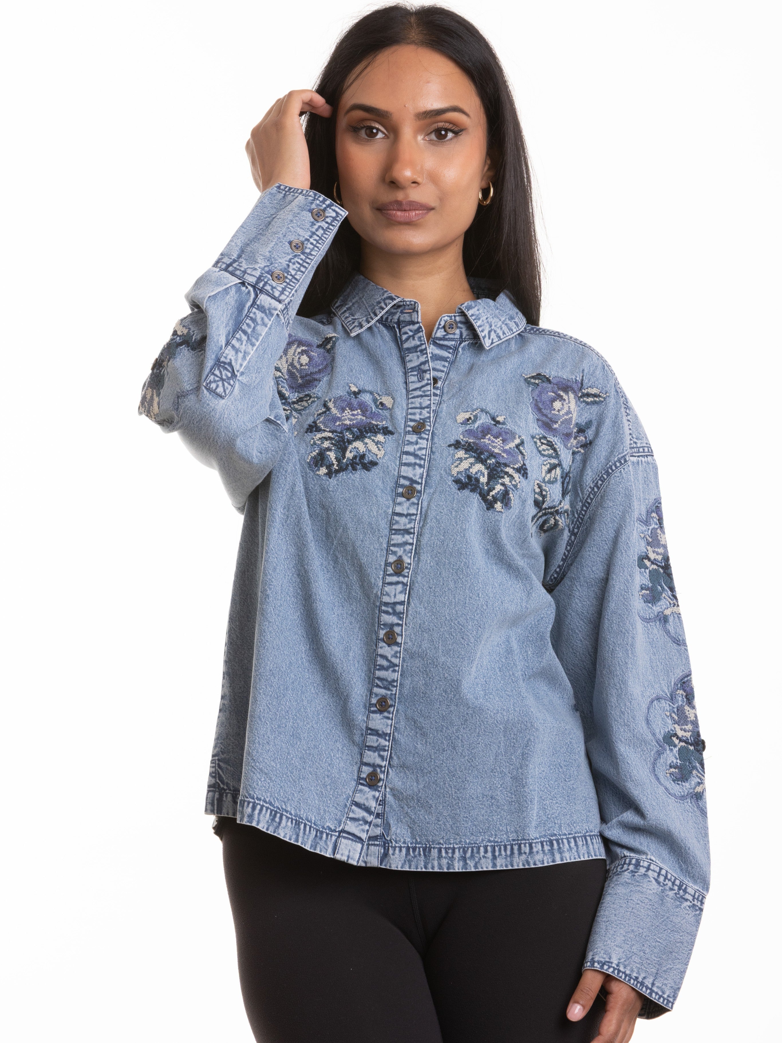 Light blue Needle Stitch Rose Denim Button-Up Shirt by Nulook Fashions with floral embroidery and button closure.