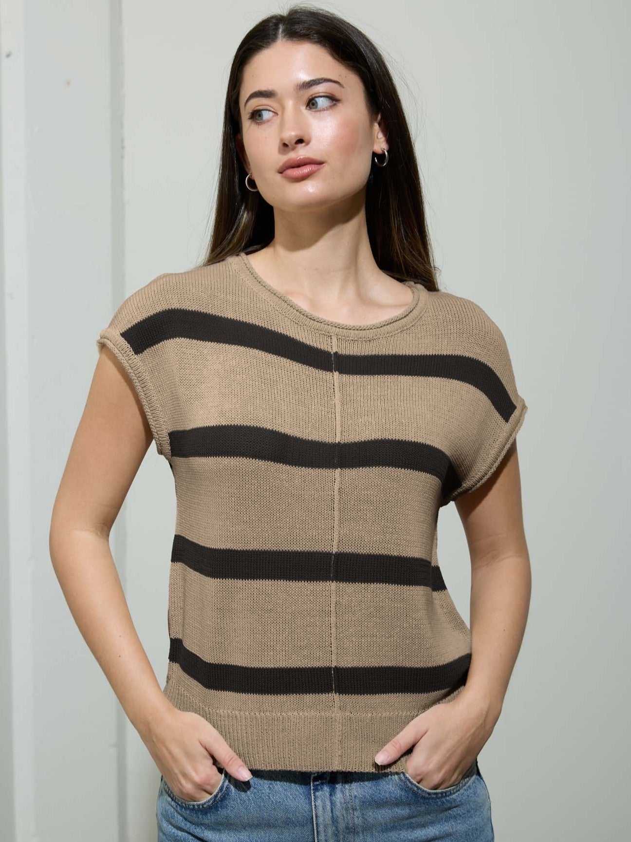 Striped Front Seam Cap Sleeve Crew Top by Mine in khaki with black stripes, sleeveless knit top styled with denim.
