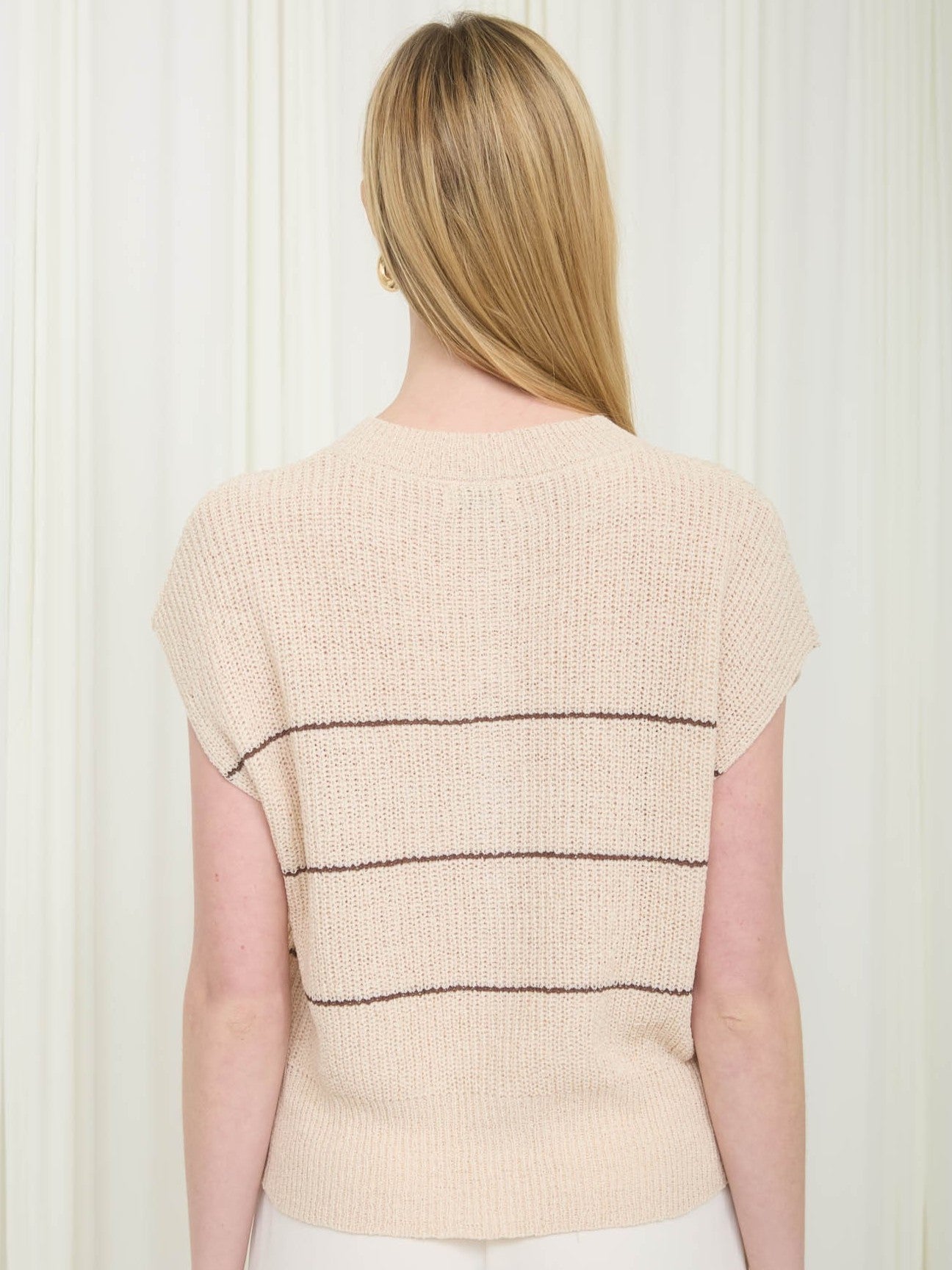 Back view of a beige Striped Button-Front Short Sleeve Cardigan by Mine with subtle dark horizontal stripes.