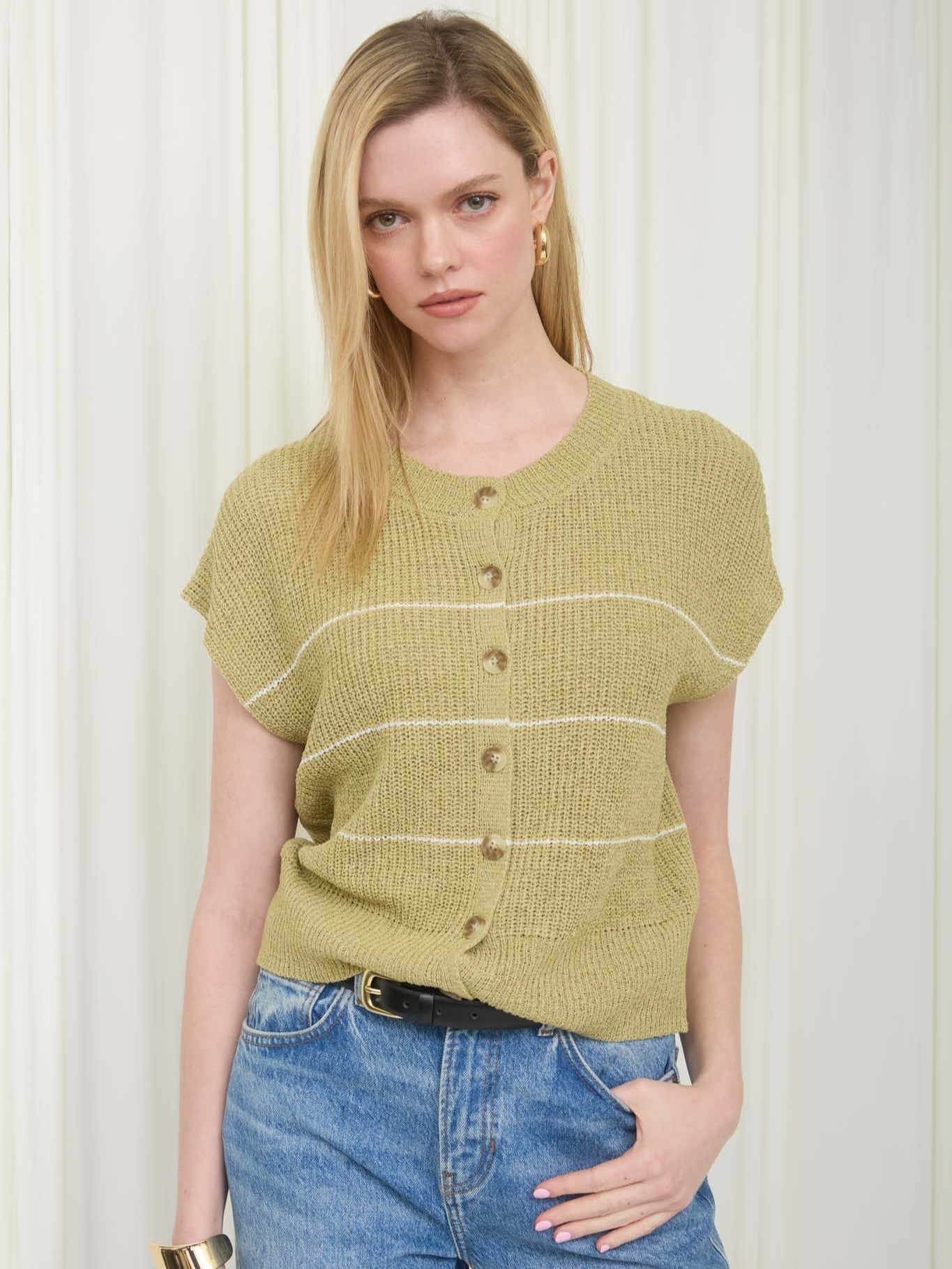 Olive green Striped Button-Front Short Sleeve Cardigan by Mine styled with casual denim and gold accessories.