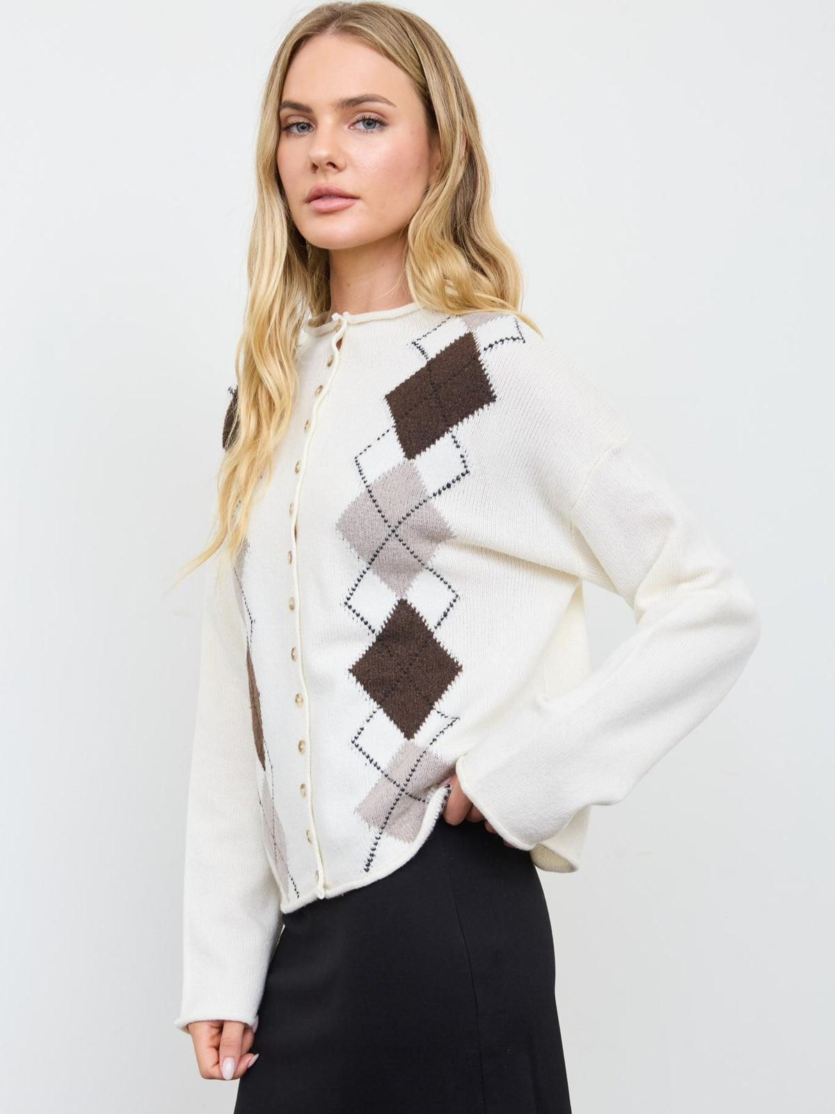 Manny Argyle Raw Hem Cardigan