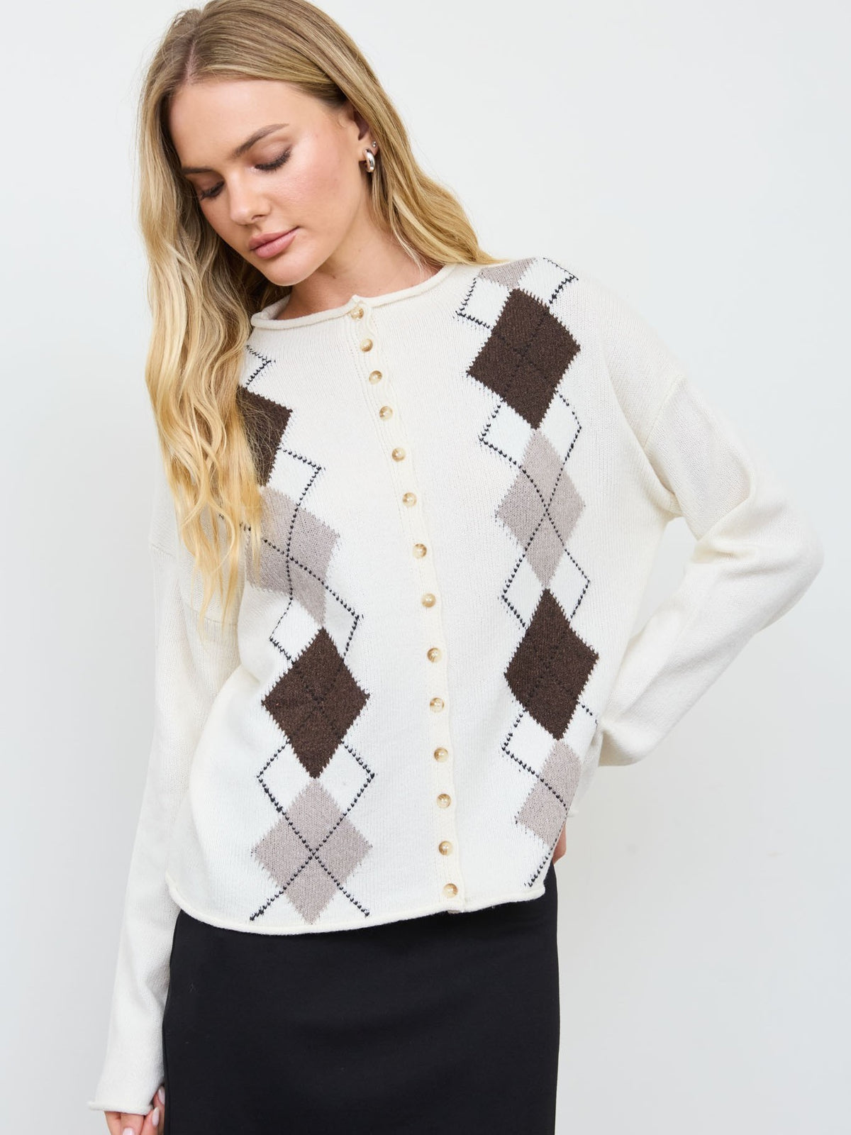 Manny Argyle Raw Hem Cardigan