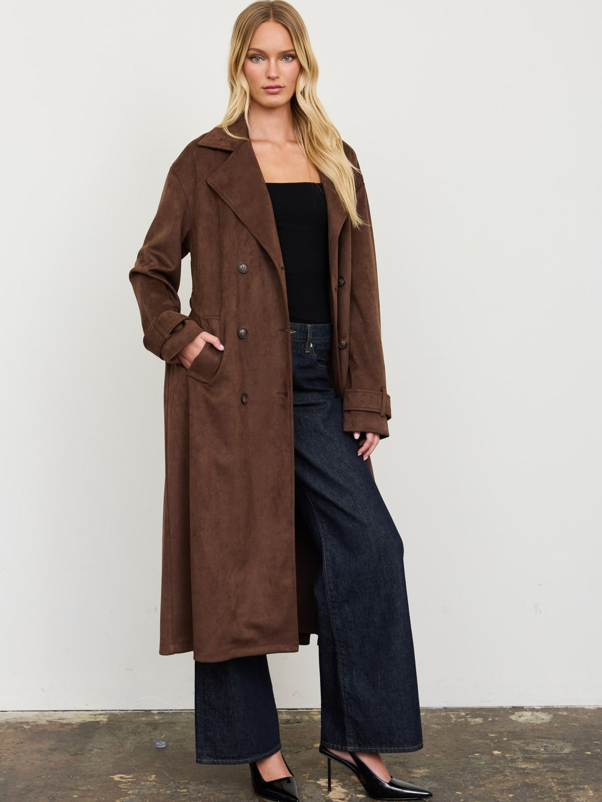 Britt Double Breasted Faux Suede Trench Coat