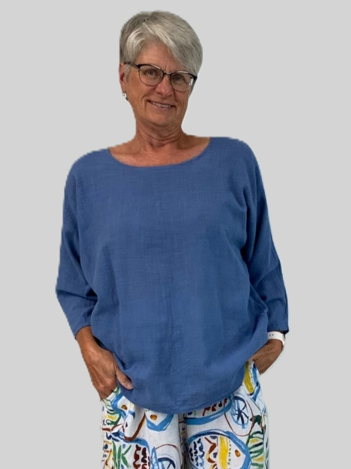 Simple Cotton Gauze 3/4 Sleeve Lightweight Top in blue by Plum Loco with a relaxed fit and soft texture.