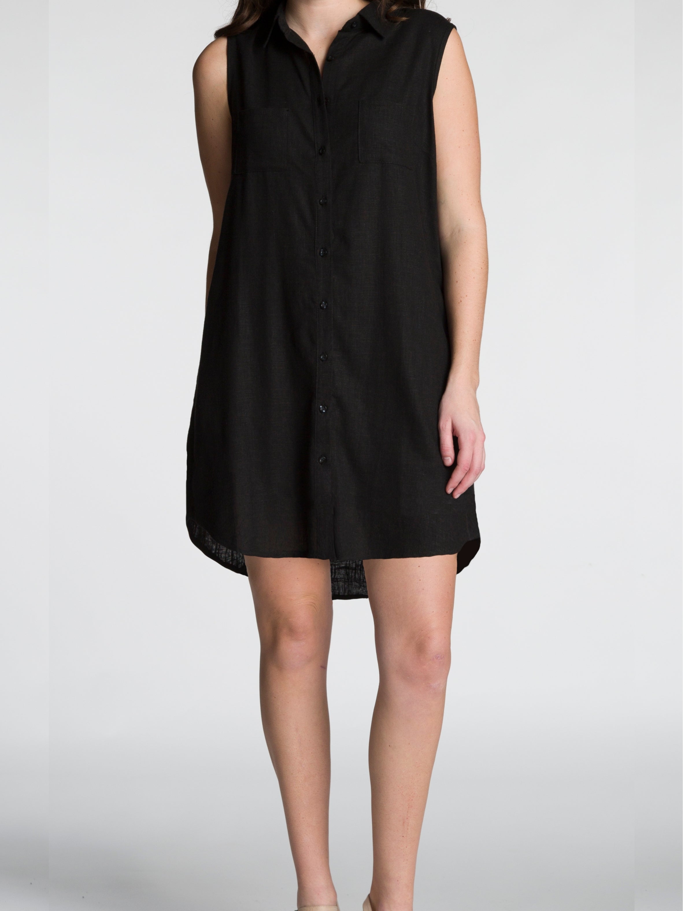 Sleeveless black Button Front Linen Blend Pocket Shirt Dress by DKR & Co. Apparel with front pockets and collar