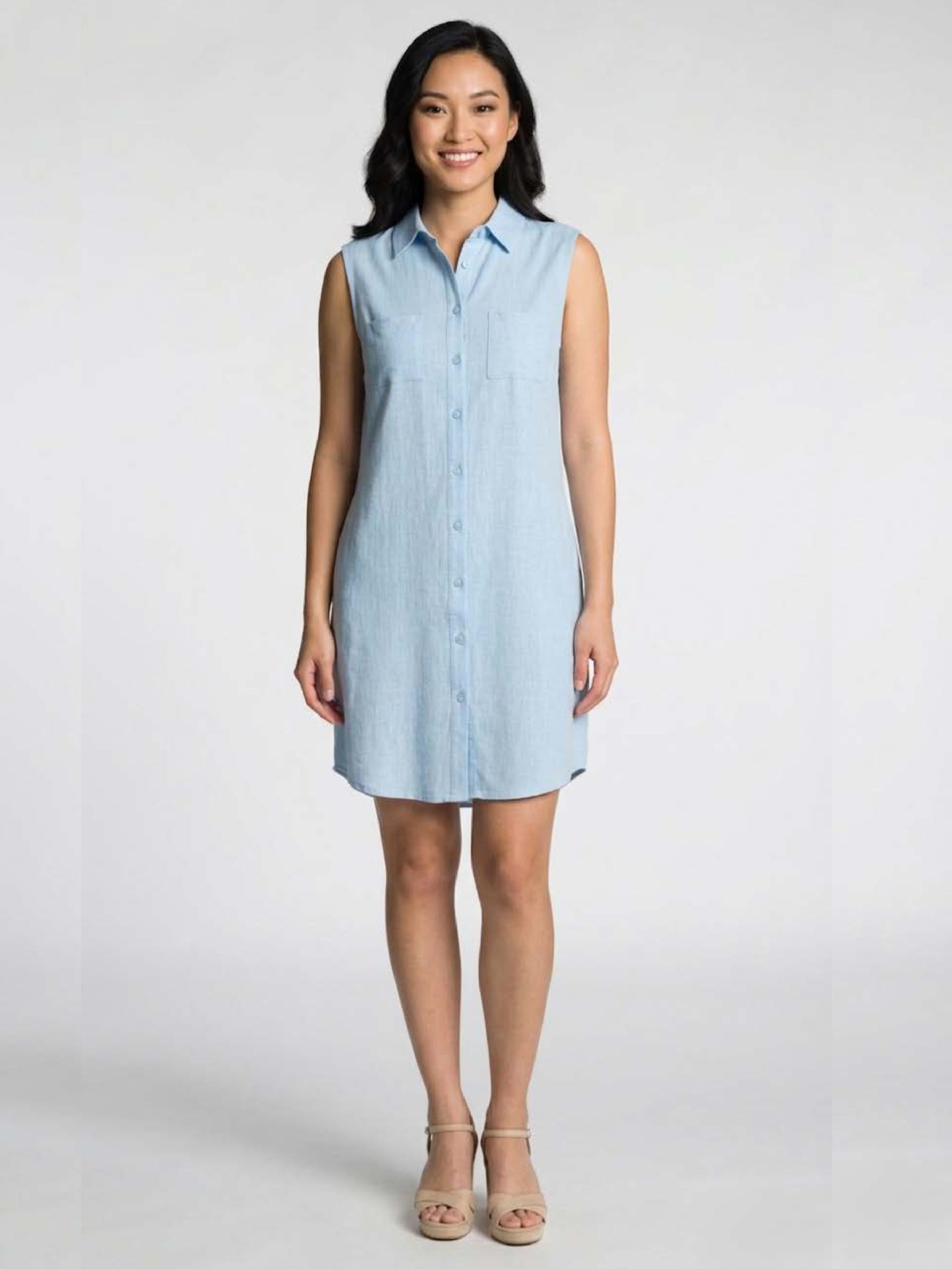 Light blue sleeveless Button Front Linen Blend Pocket Shirt Dress by DKR & Co. Apparel with collar and front pockets.