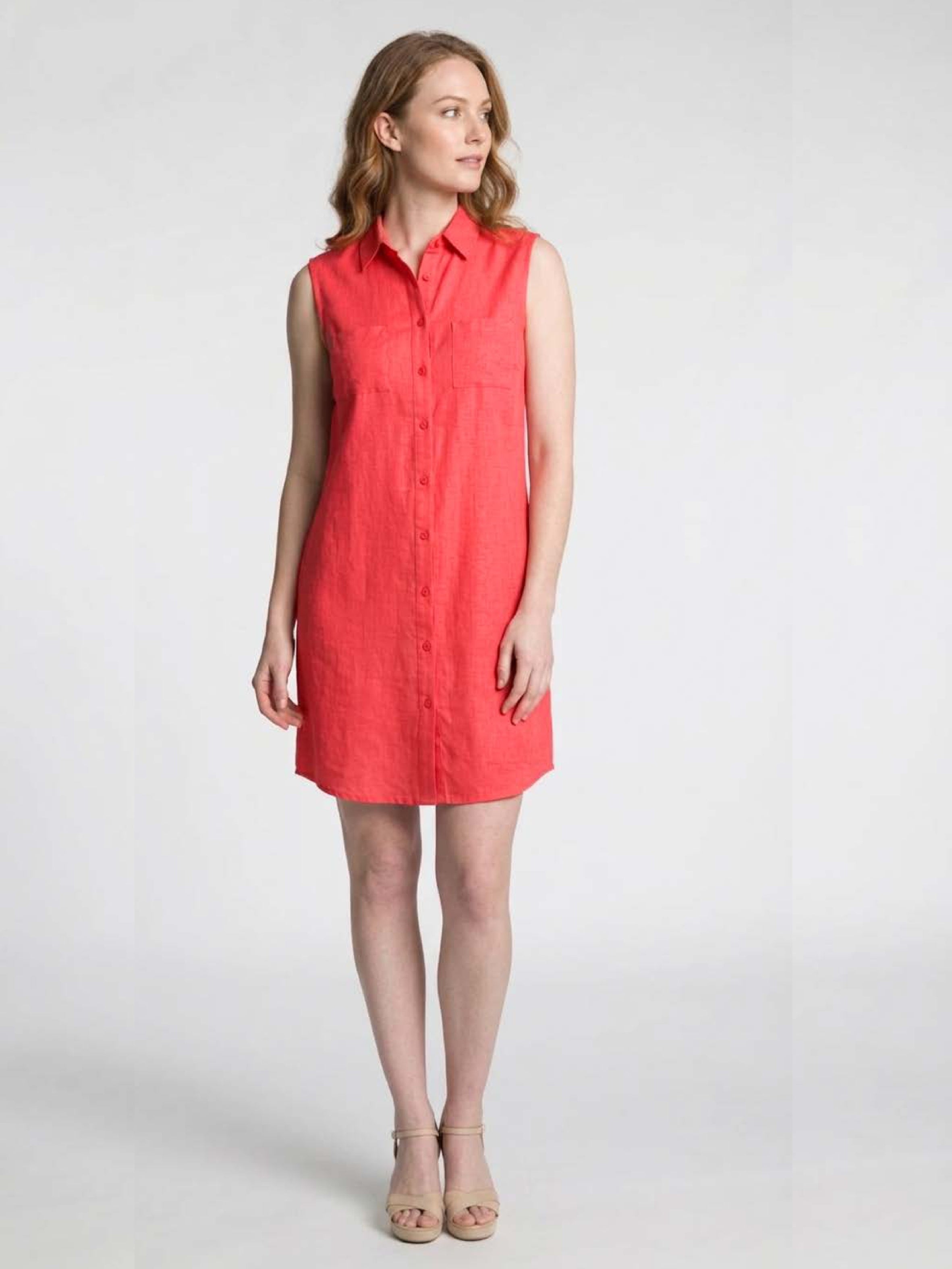 Sleeveless red Button Front Linen Blend Pocket Shirt Dress by DKR & Co. Apparel with collar and front pockets.