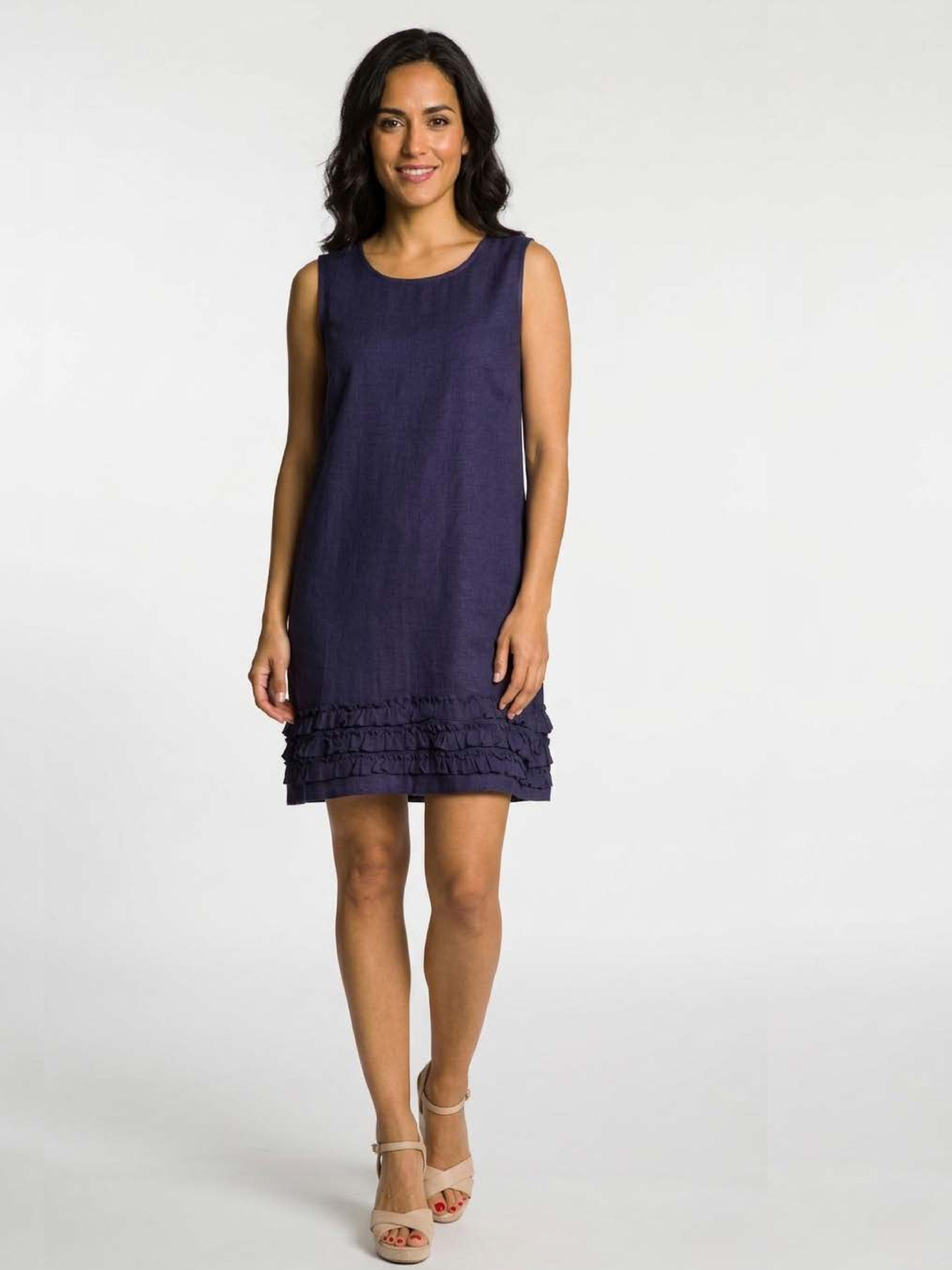 Ruffle Hem Linen Blend Sleeveless Dress in navy blue by DKR & Co. Apparel with layered ruffle hem detail