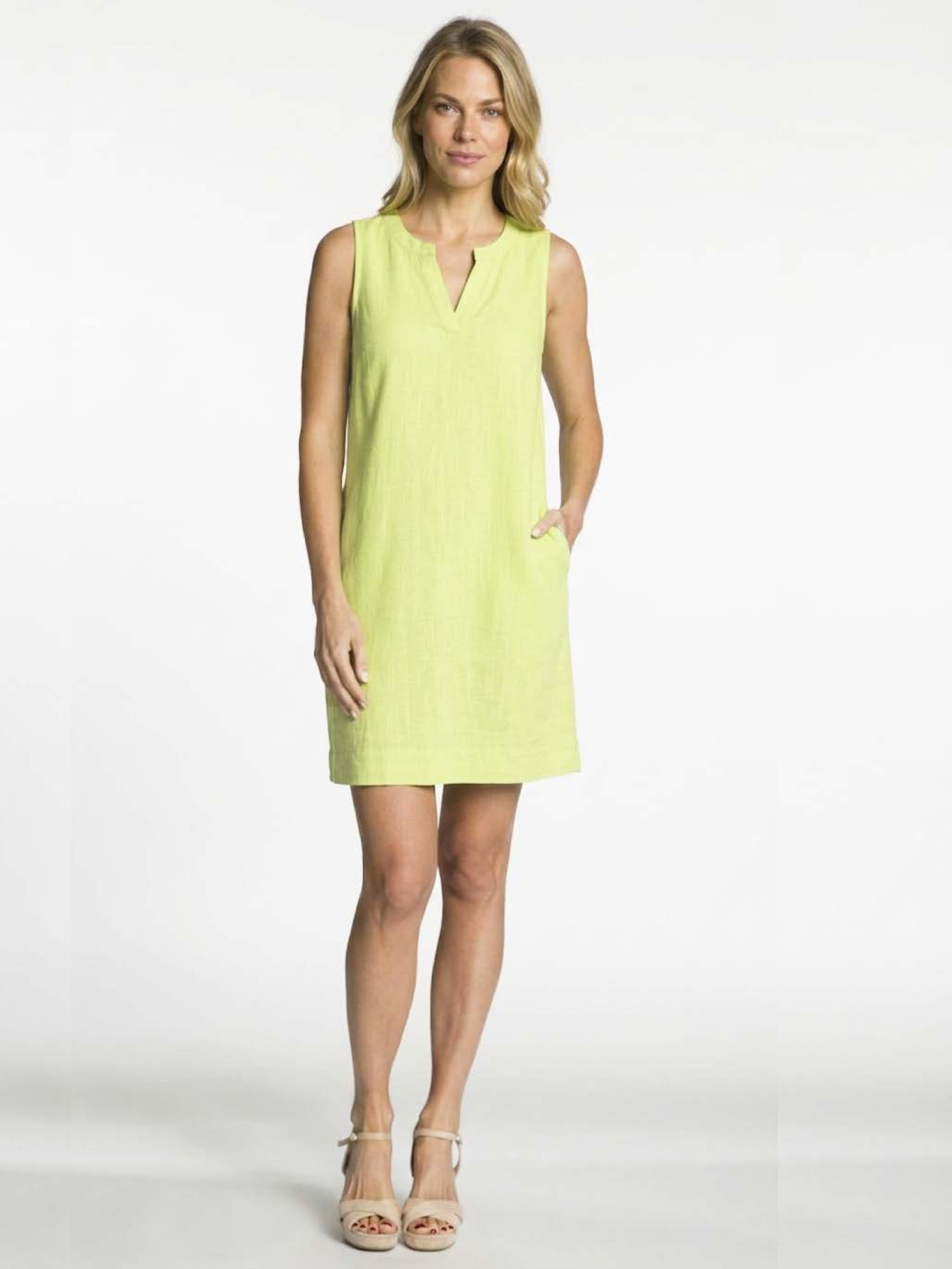 Light green sleeveless Tommy Notch Linen Blend Pocket Dress by DKR & Co. Apparel with a relaxed fit and side pockets.