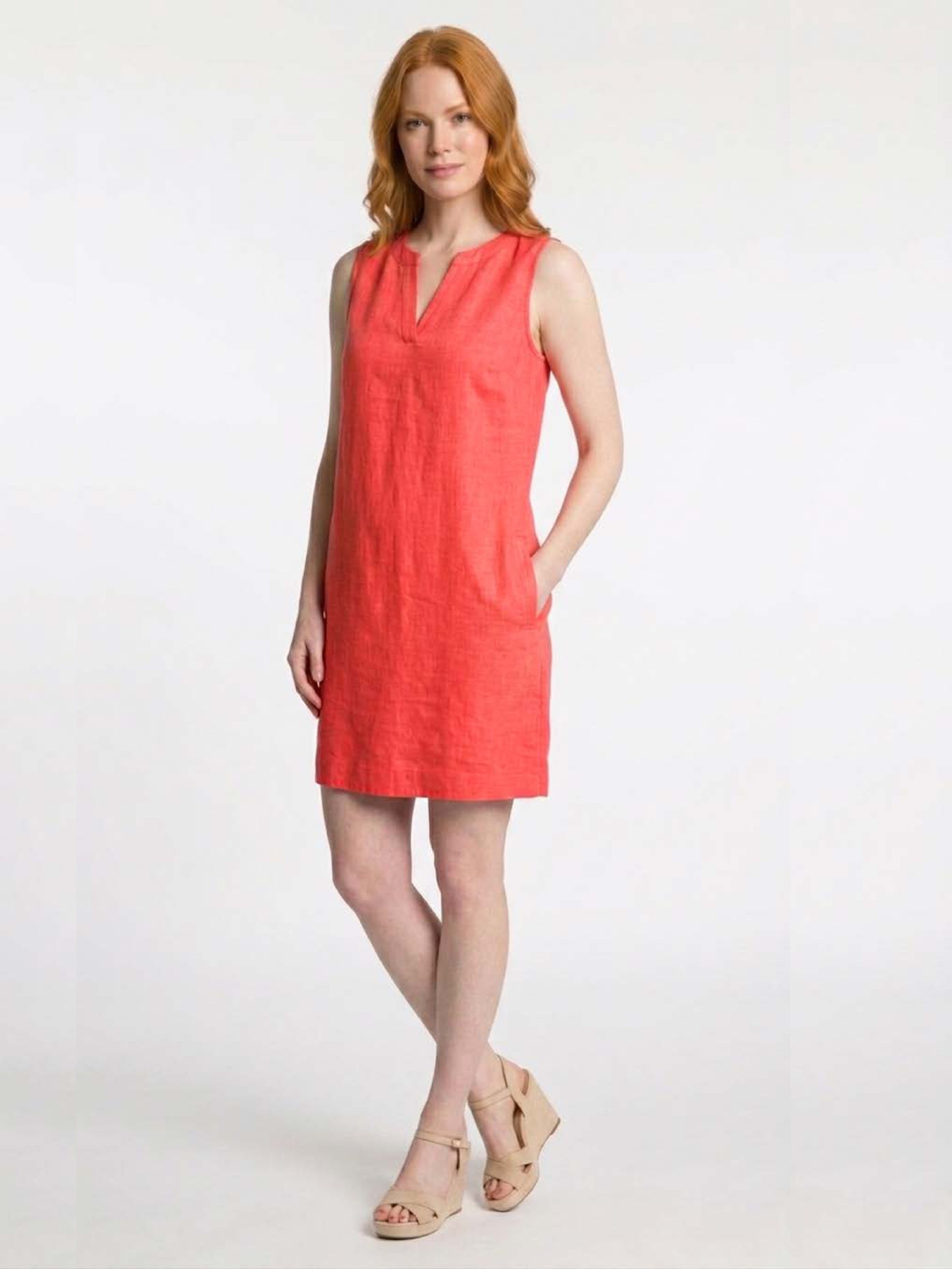 Red sleeveless Tommy Notch Linen Blend Pocket Dress by DKR & Co. Apparel with a relaxed fit and knee length hem.