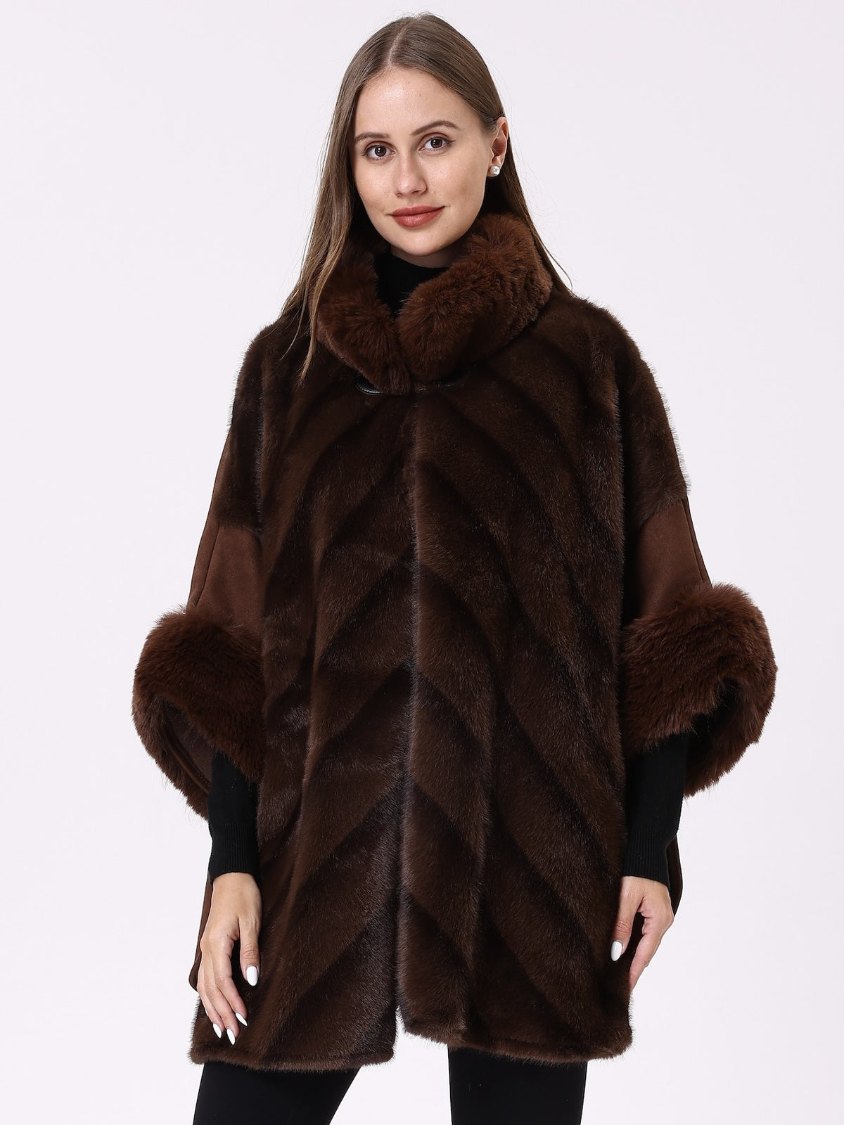 Chevron Faux Fur 3/4 Sleeve Poncho