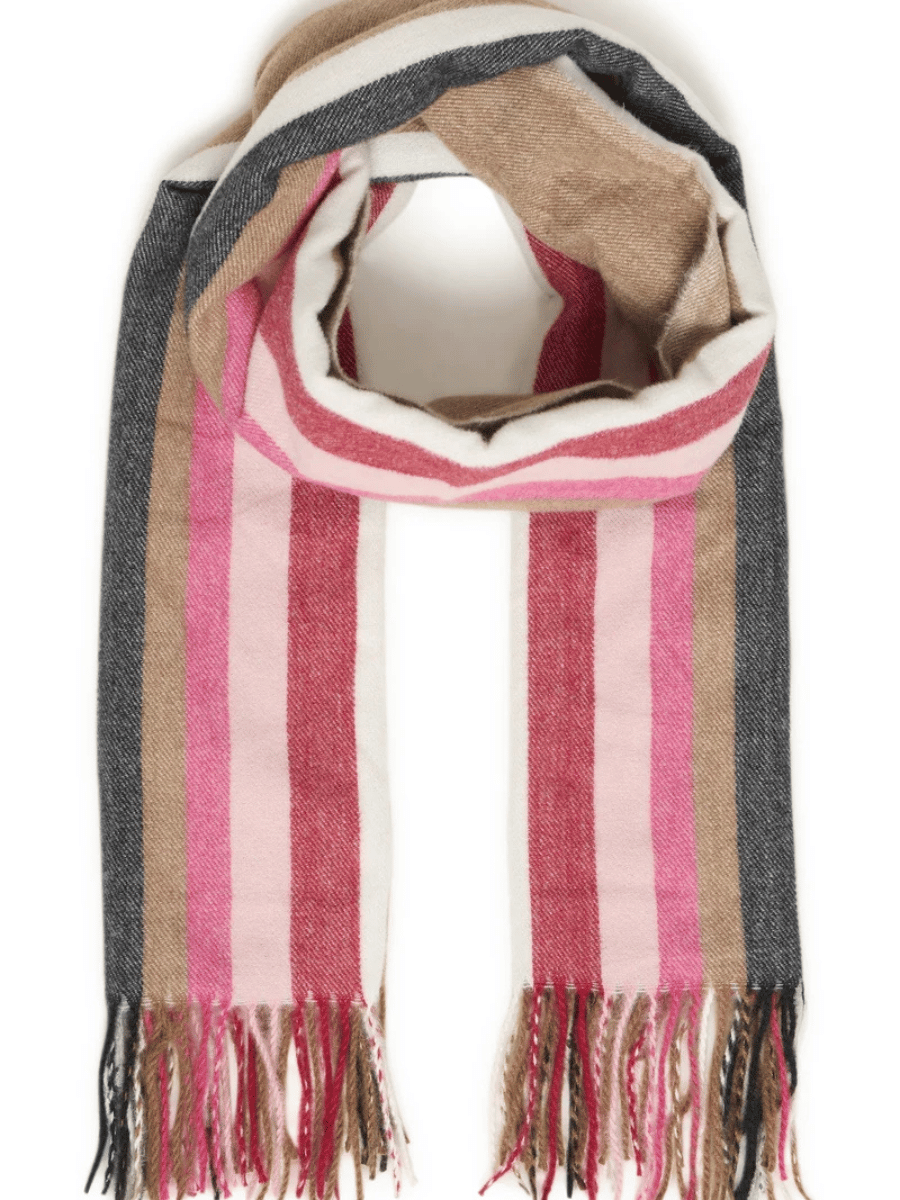 Striped pink, cream, beige, and charcoal scarf with fringed ends