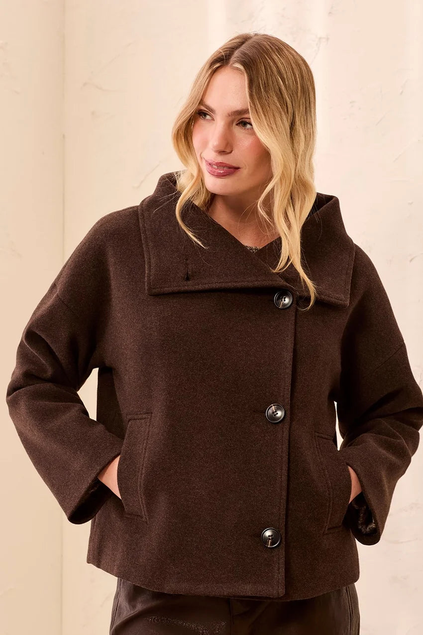 Brown wool coat with a wide collar, button closure, long sleeves, and front pockets